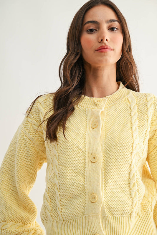 Washed Yellow Cable Knit Cardigan - Purpose + Passion Boutique