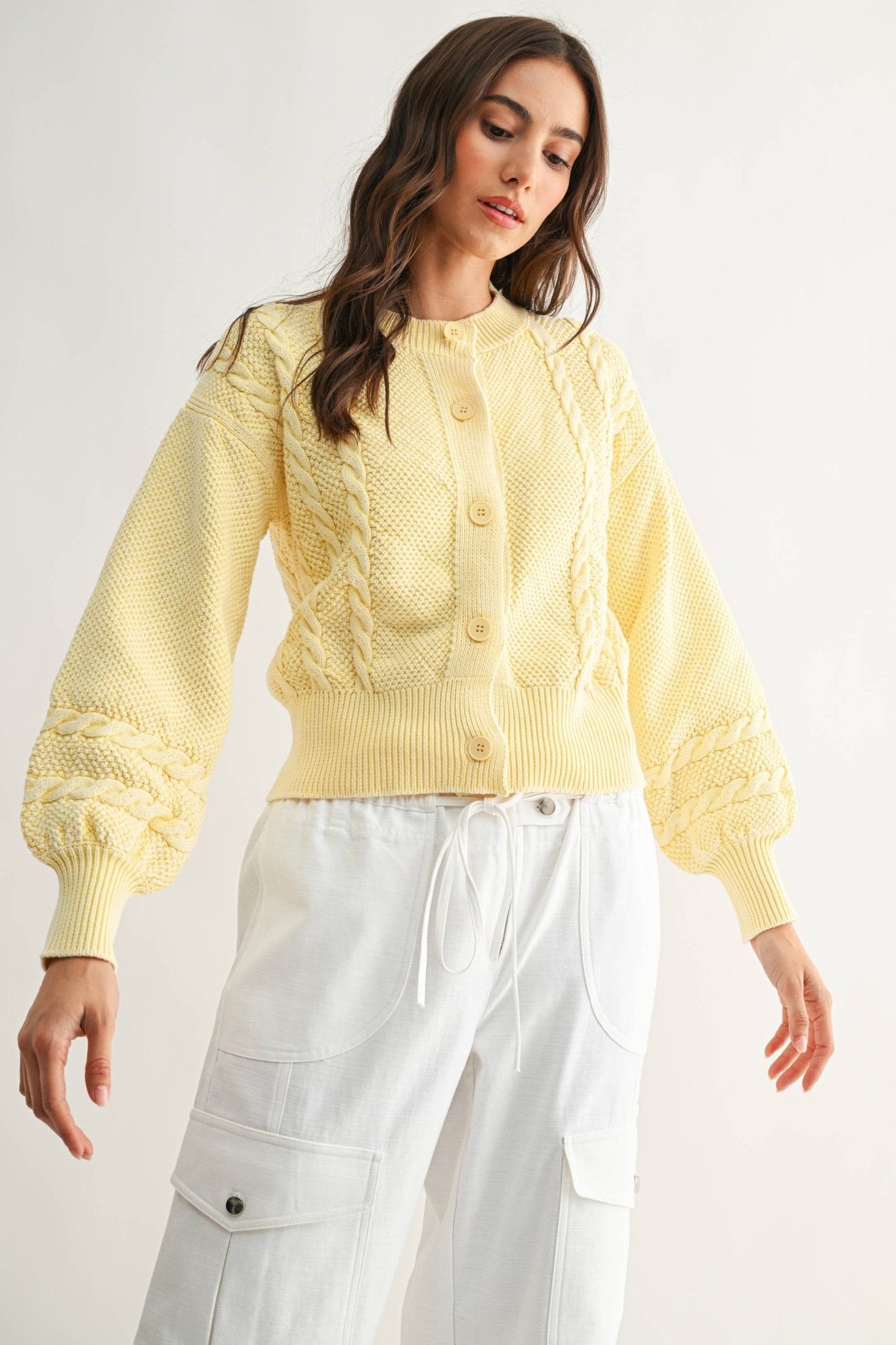 Washed Yellow Cable Knit Cardigan - Purpose + Passion Boutique