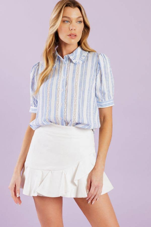 White & Blue Striped Ruffle Top - Purpose + Passion Boutique