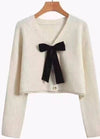 White Bow Tie V - Neck Cropped Cardigan - Purpose + Passion Boutique