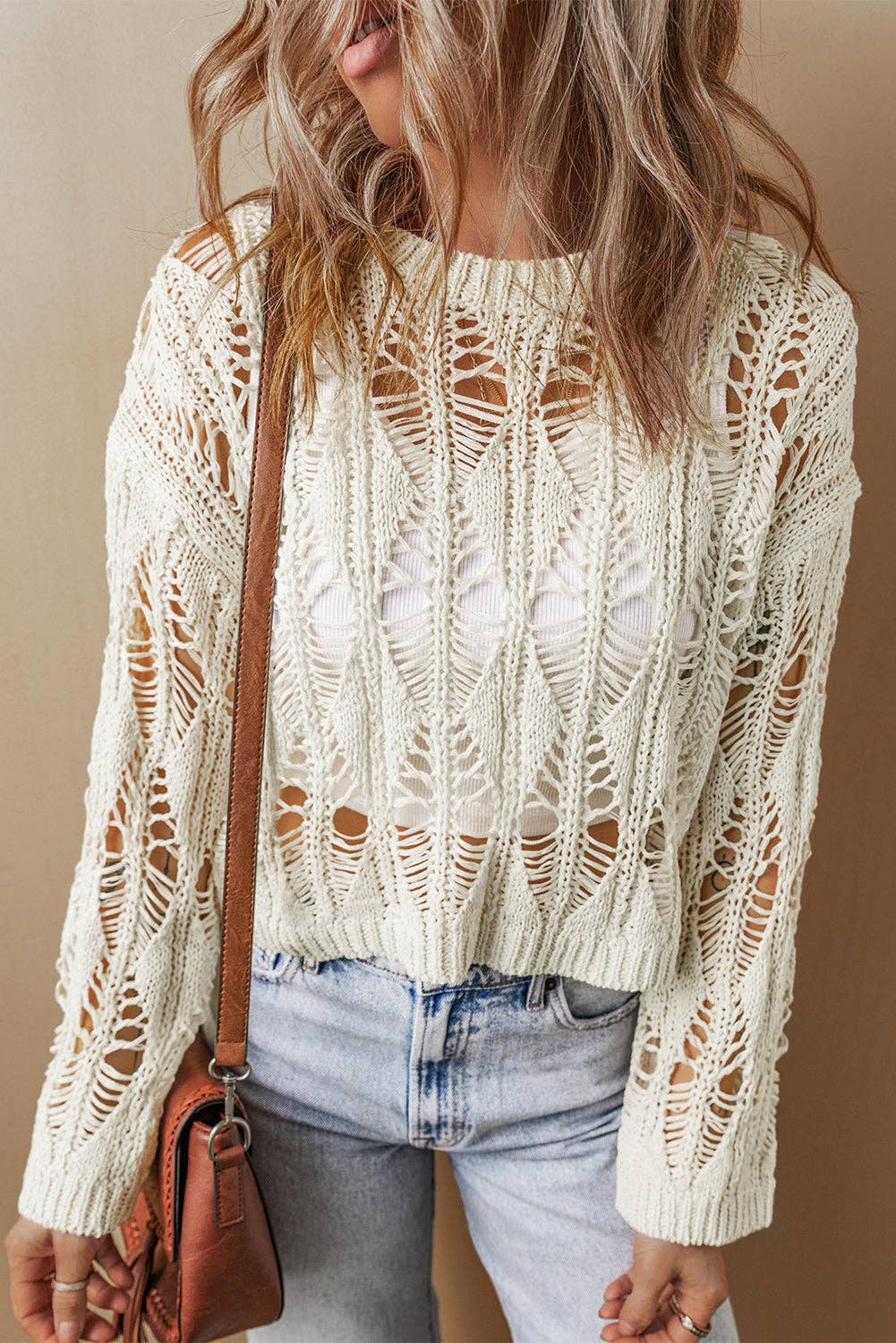 White Cut - Out Crochet Loose Fit Sweater - Purpose + Passion Boutique