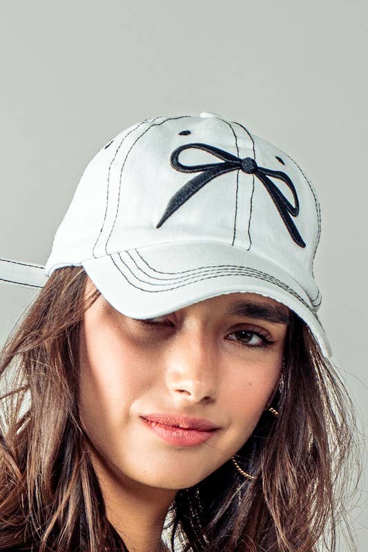 White Embroidered Bow Detail Relaxed Baseball Cap - Purpose + Passion Boutique