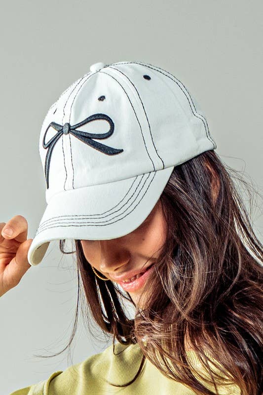 White Embroidered Bow Detail Relaxed Baseball Cap - Purpose + Passion Boutique