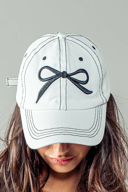 White Embroidered Bow Detail Relaxed Baseball Cap - Purpose + Passion Boutique