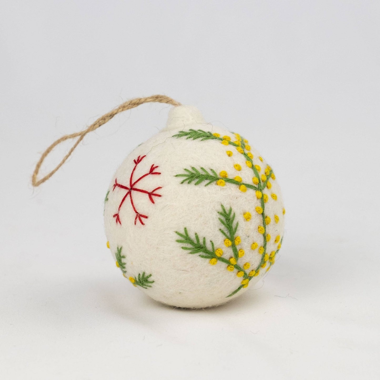 White Felt Ball Hand Embroidered Ornament - Purpose + Passion Boutique