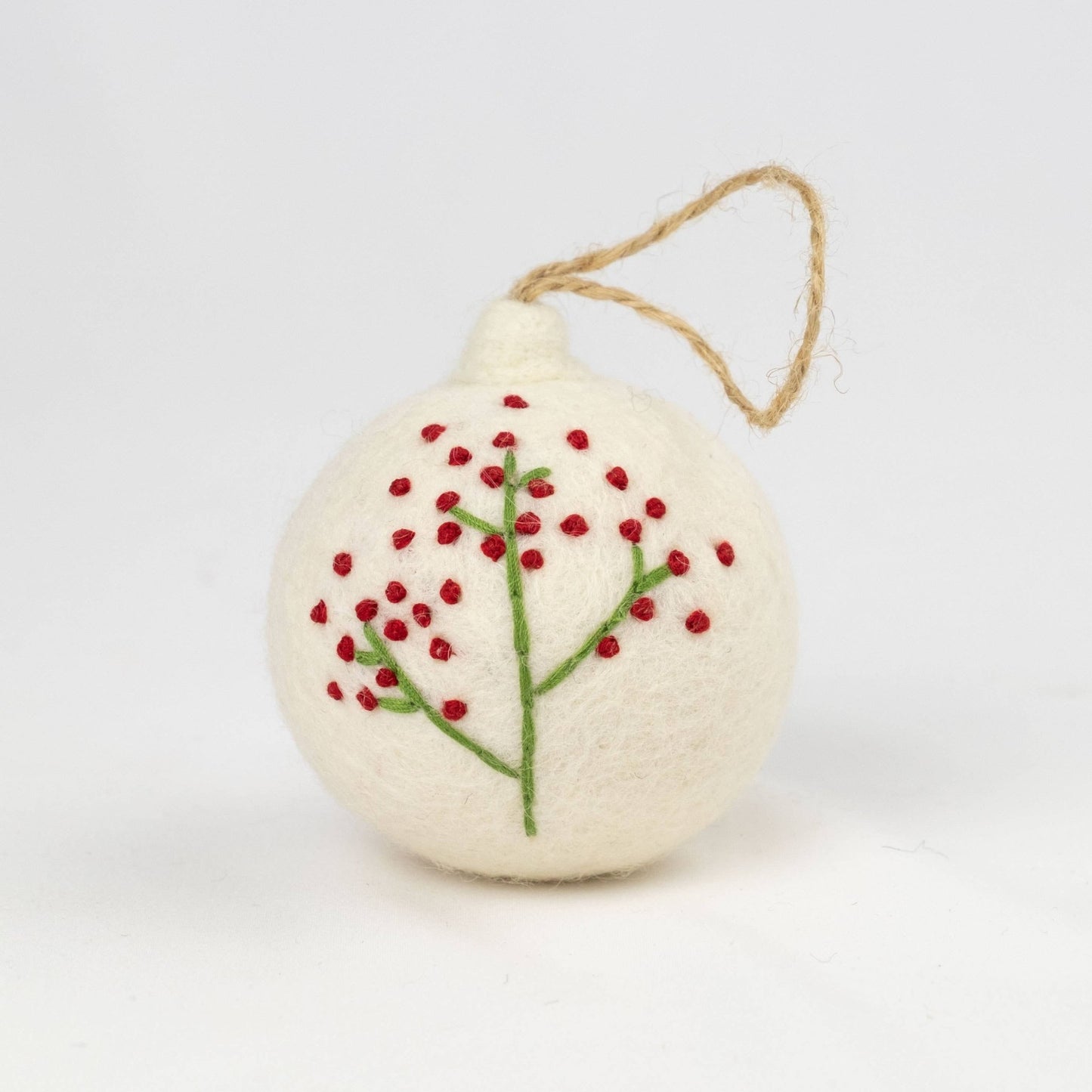 White Felt Ball Hand Embroidered Ornament - Purpose + Passion Boutique