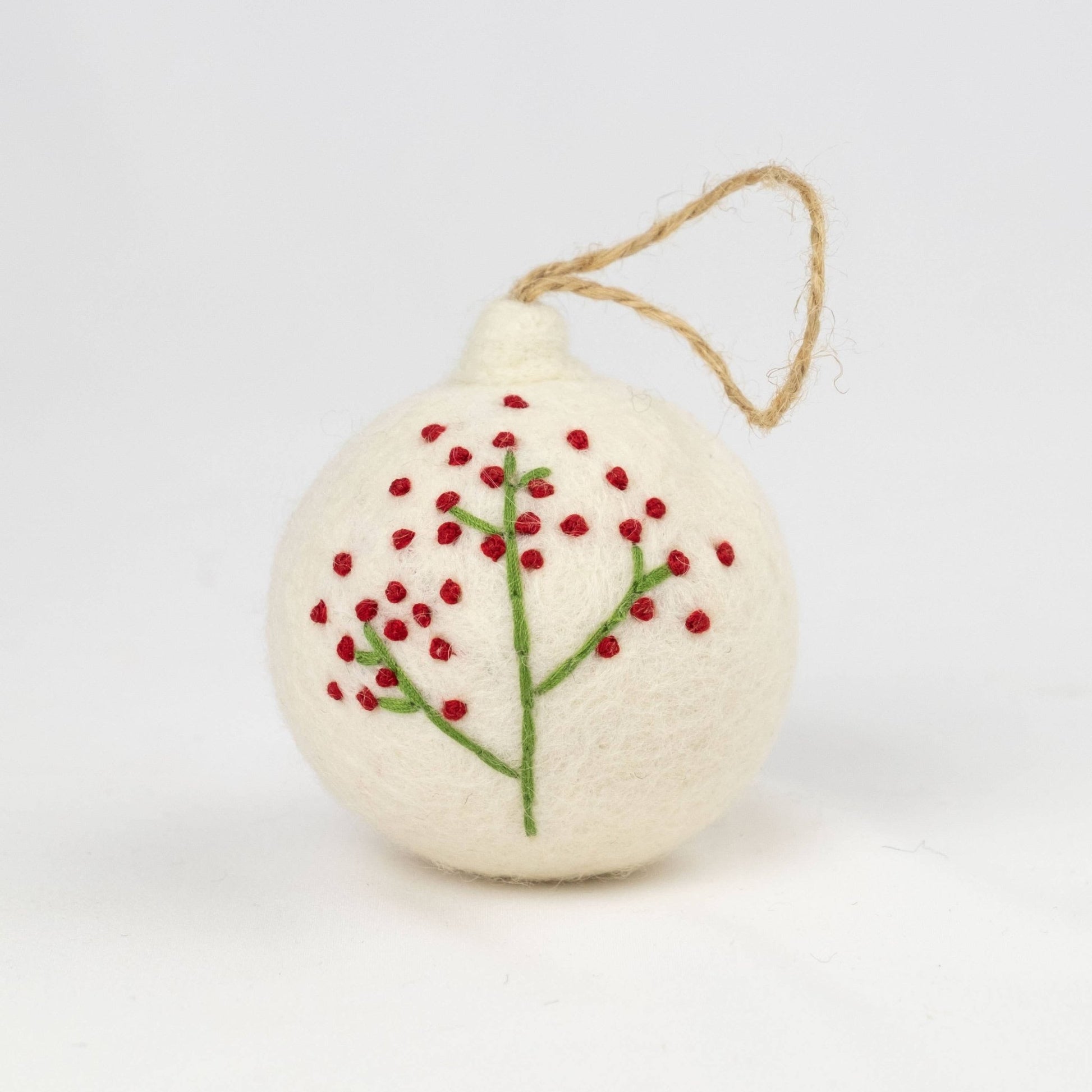 White Felt Ball Hand Embroidered Ornament - Purpose + Passion Boutique