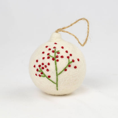 White Felt Ball Hand Embroidered Ornament - Purpose + Passion Boutique