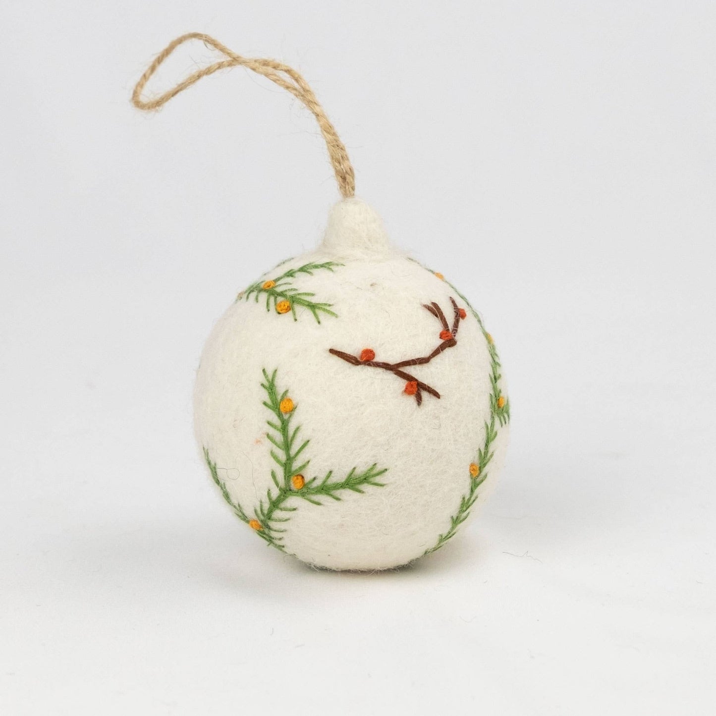 White Felt Ball Hand Embroidered Ornament - Purpose + Passion Boutique
