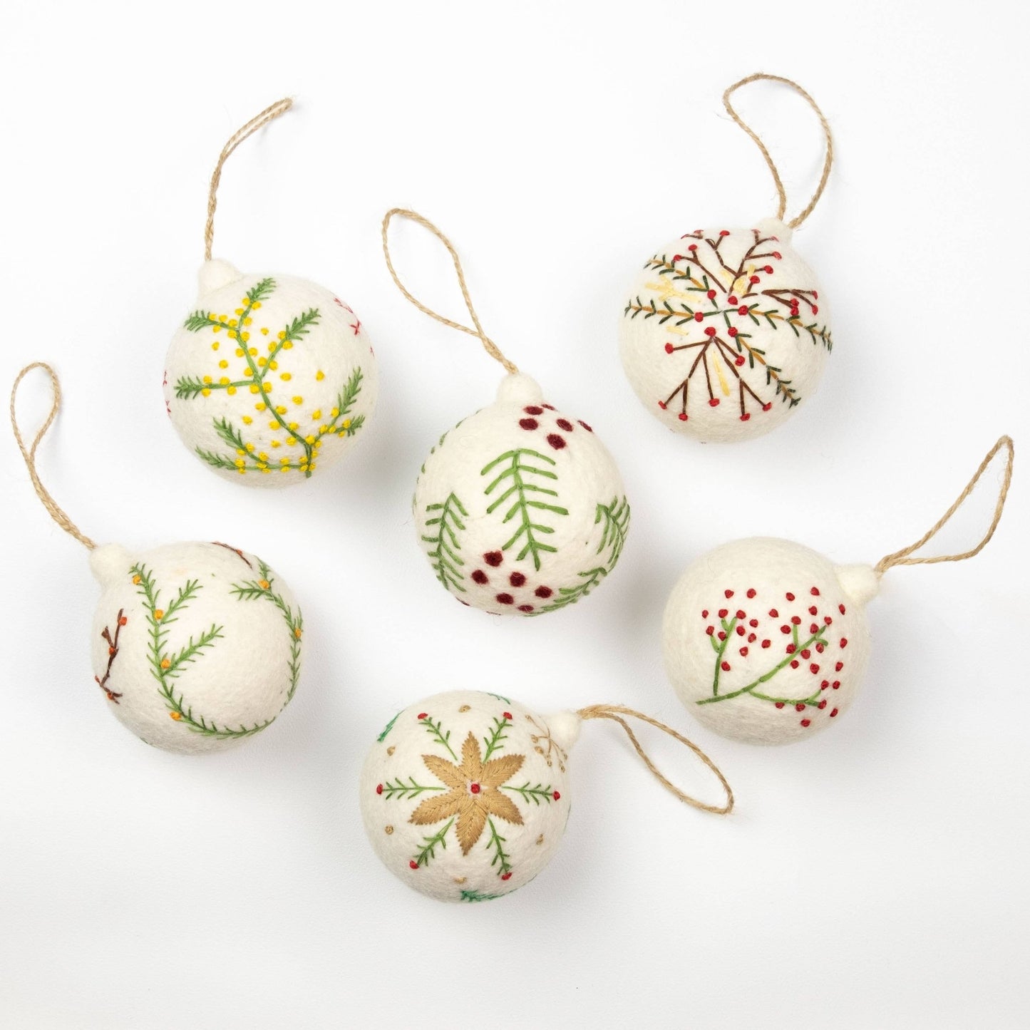 White Felt Ball Hand Embroidered Ornament - Purpose + Passion Boutique