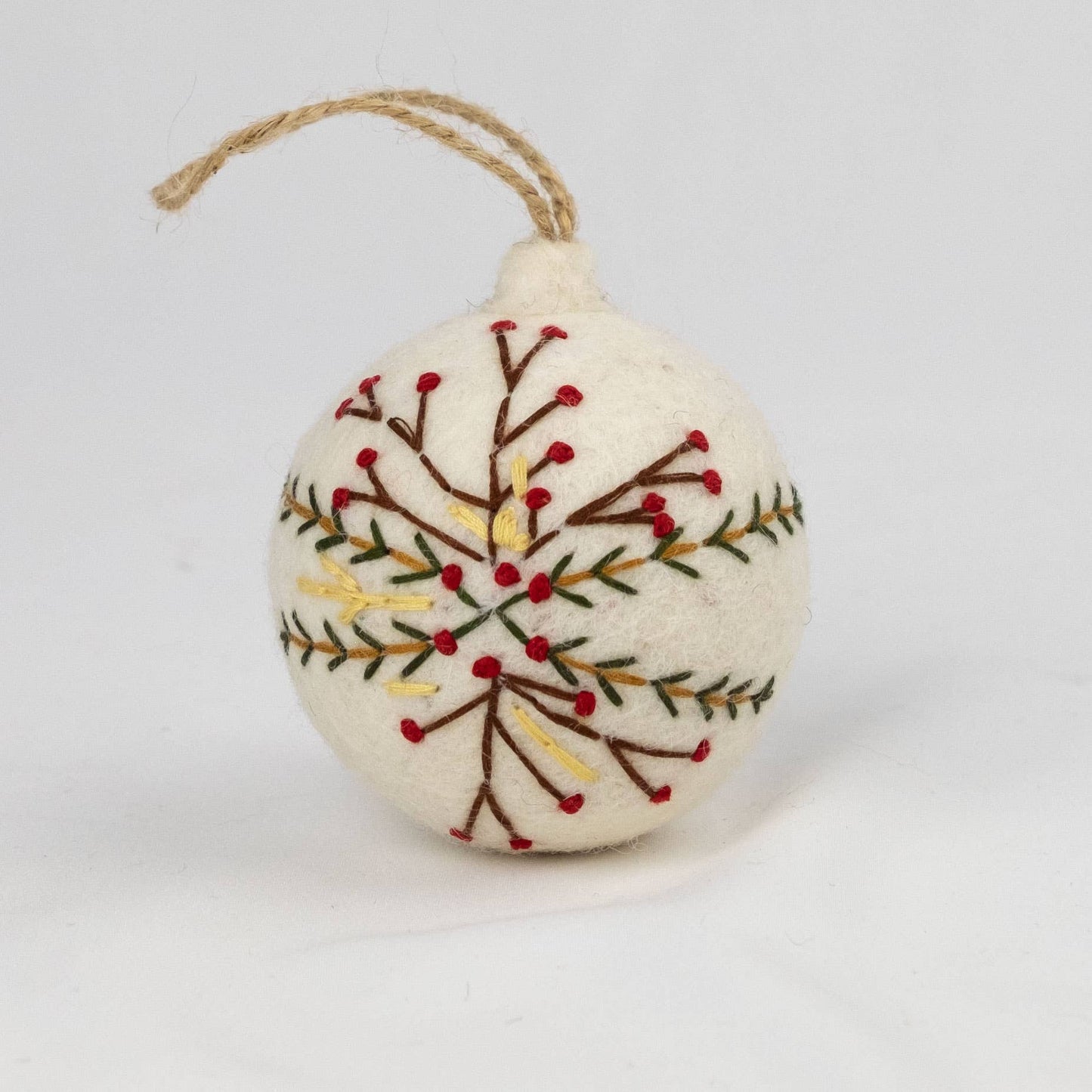 White Felt Ball Hand Embroidered Ornament - Purpose + Passion Boutique