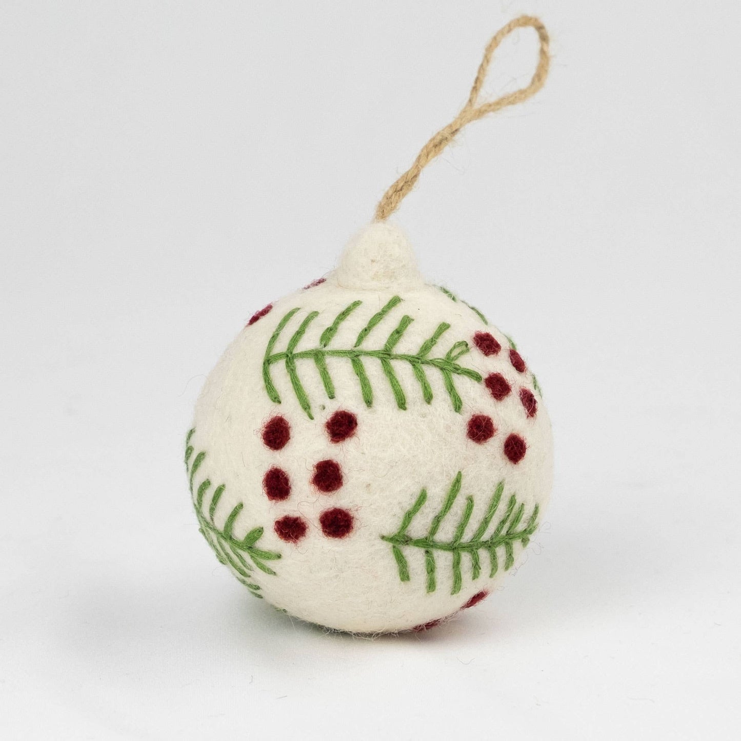 White Felt Ball Hand Embroidered Ornament - Purpose + Passion Boutique