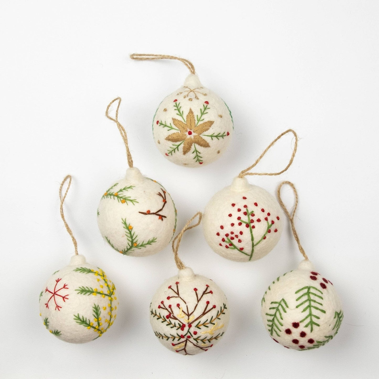 White Felt Ball Hand Embroidered Ornament - Purpose + Passion Boutique