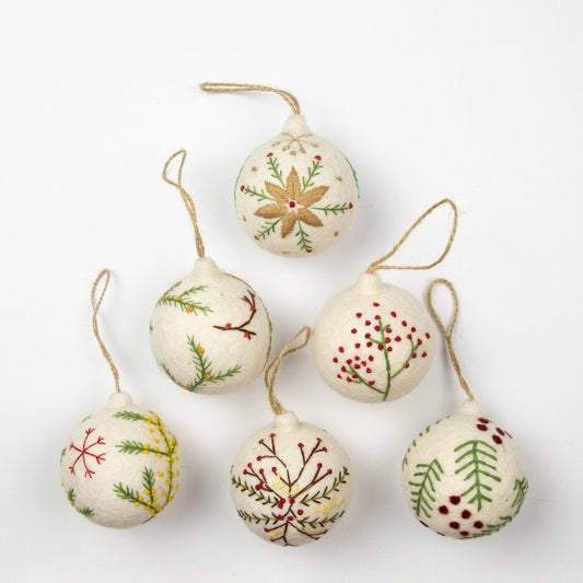 White Felt Ball Hand Embroidered Ornament - Purpose + Passion Boutique