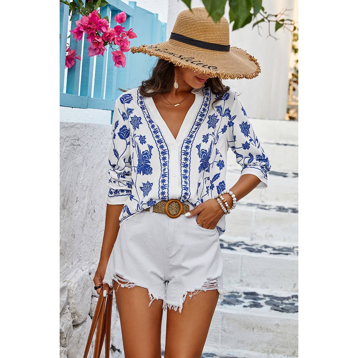 White Floral Print Notched Collar V Neck Shirt - Purpose + Passion Boutique