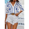 White Floral Print Notched Collar V Neck Shirt - Purpose + Passion Boutique