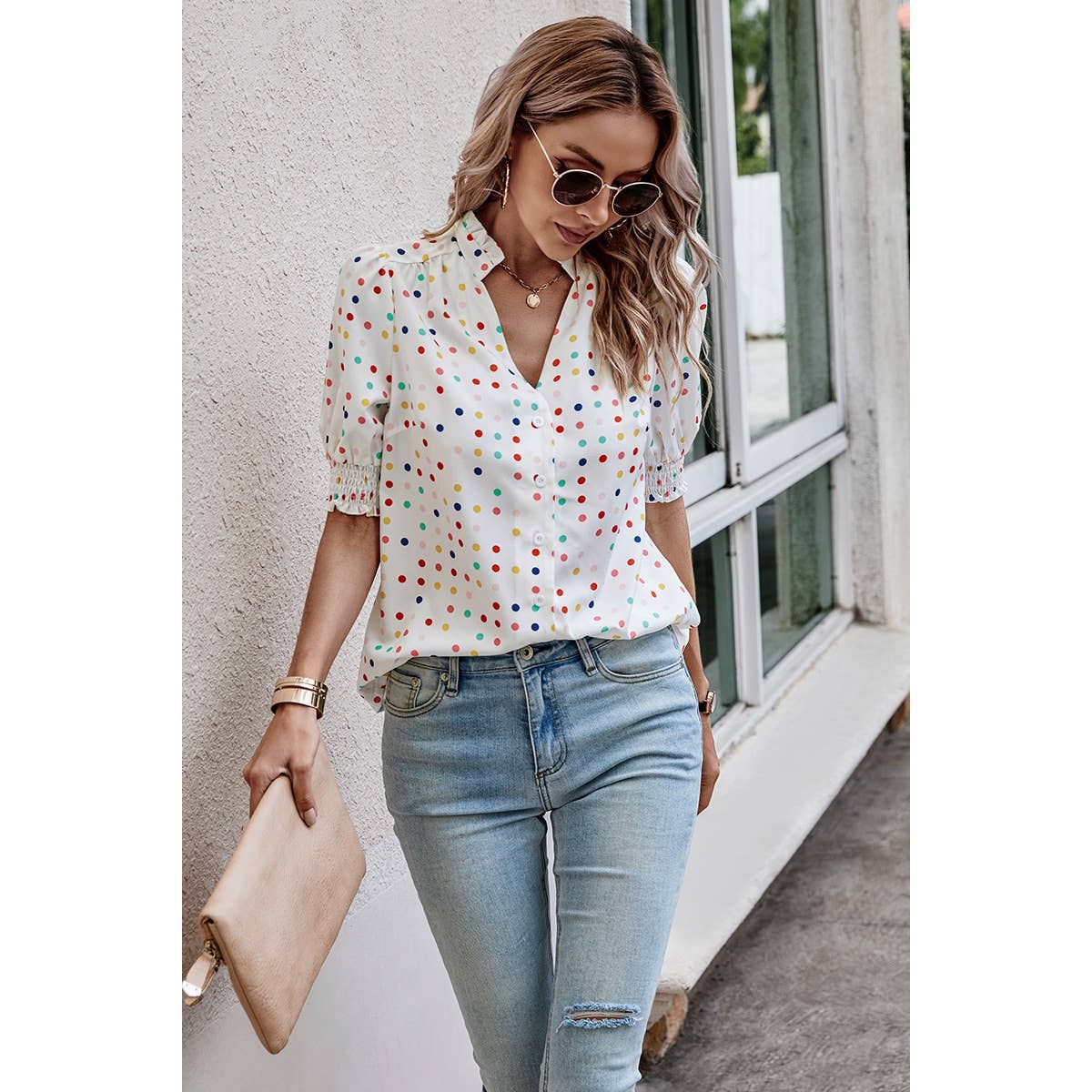 White Polka Dot Print Puff Sleeve Loose Shirt - Purpose + Passion Boutique