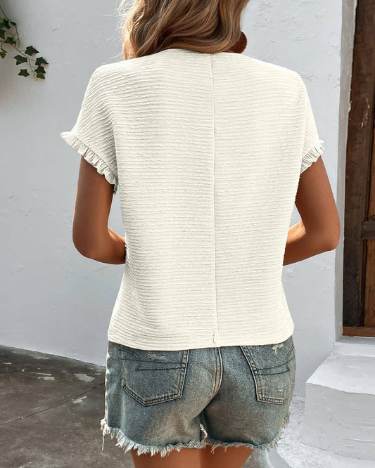 White Ruched Texture Crewneck Ruffled Sleeve Top - Purpose + Passion Boutique