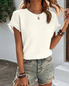 White Ruched Texture Crewneck Ruffled Sleeve Top - Purpose + Passion Boutique