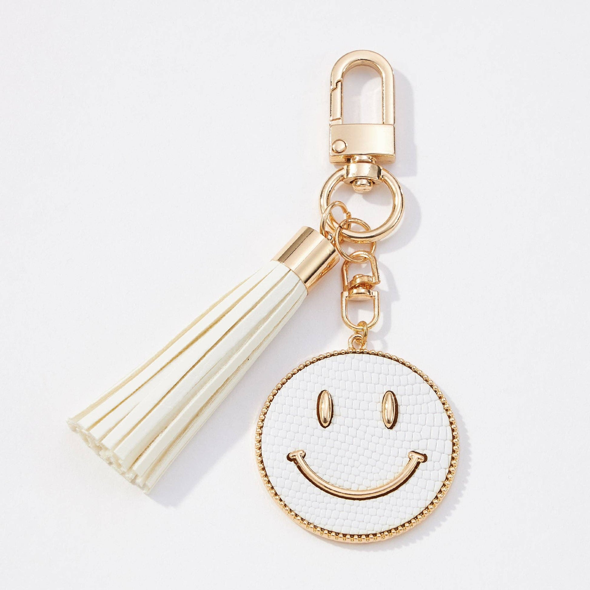 White Smiley Face Coin Keychain with Tassel - Purpose + Passion Boutique