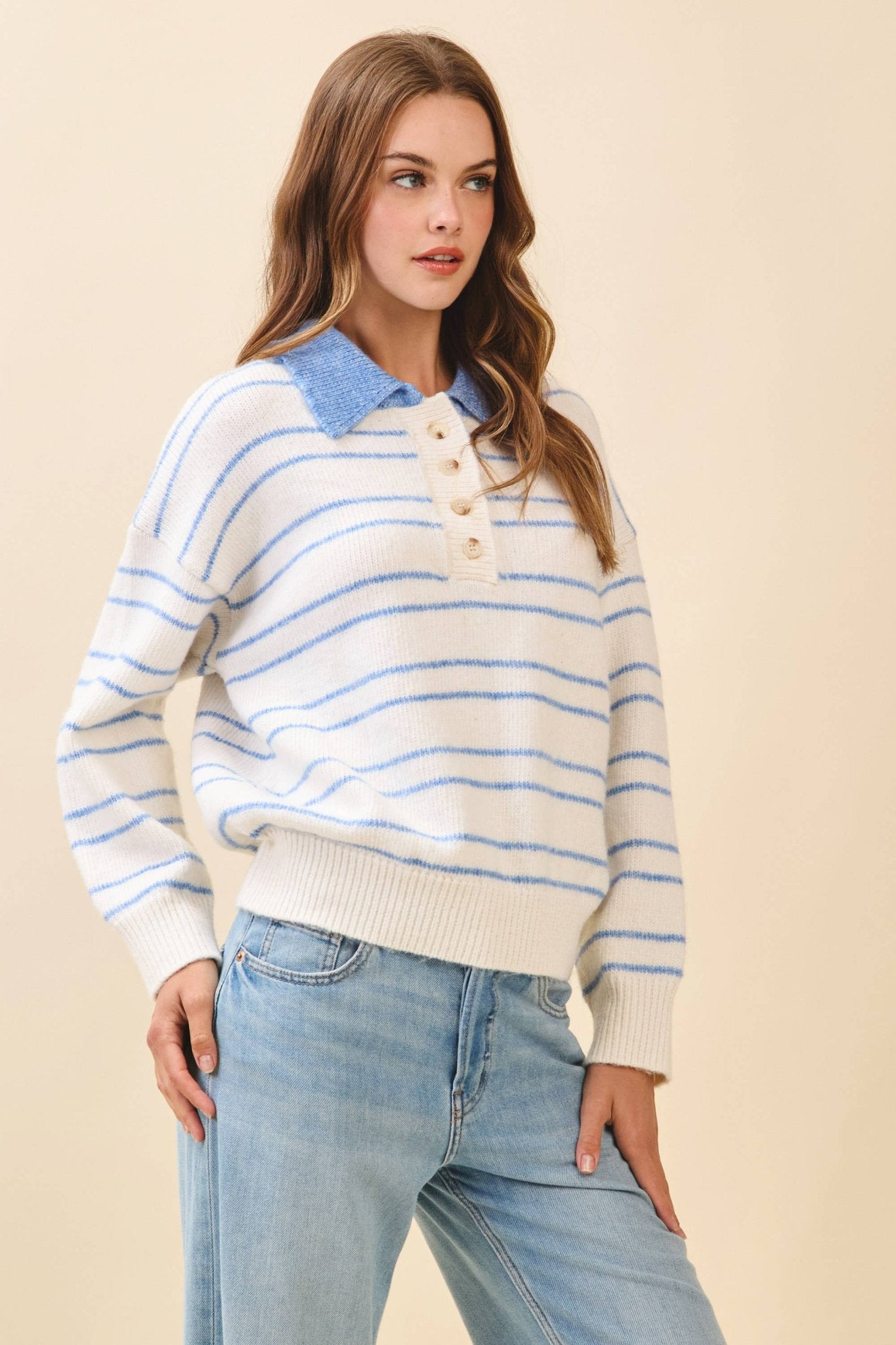 White Striped Knit Drop Shoulder Ribbed Trim Pullover - Purpose + Passion Boutique