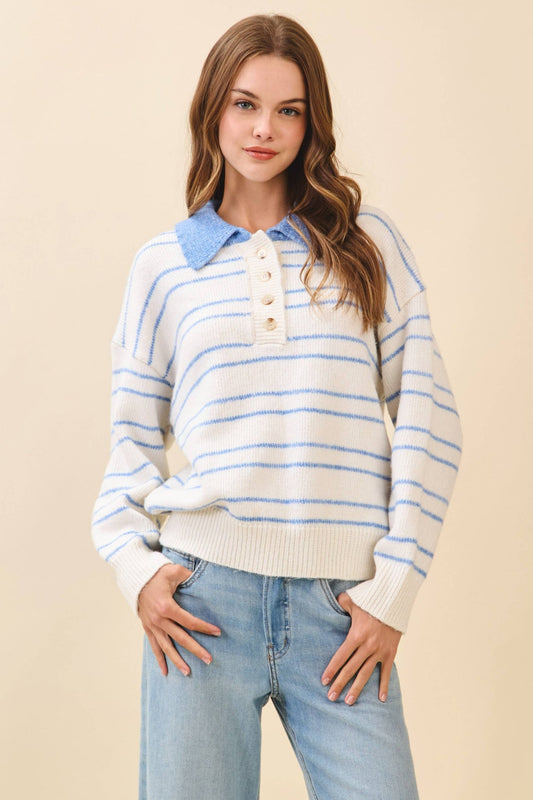 White Striped Knit Drop Shoulder Ribbed Trim Pullover - Purpose + Passion Boutique