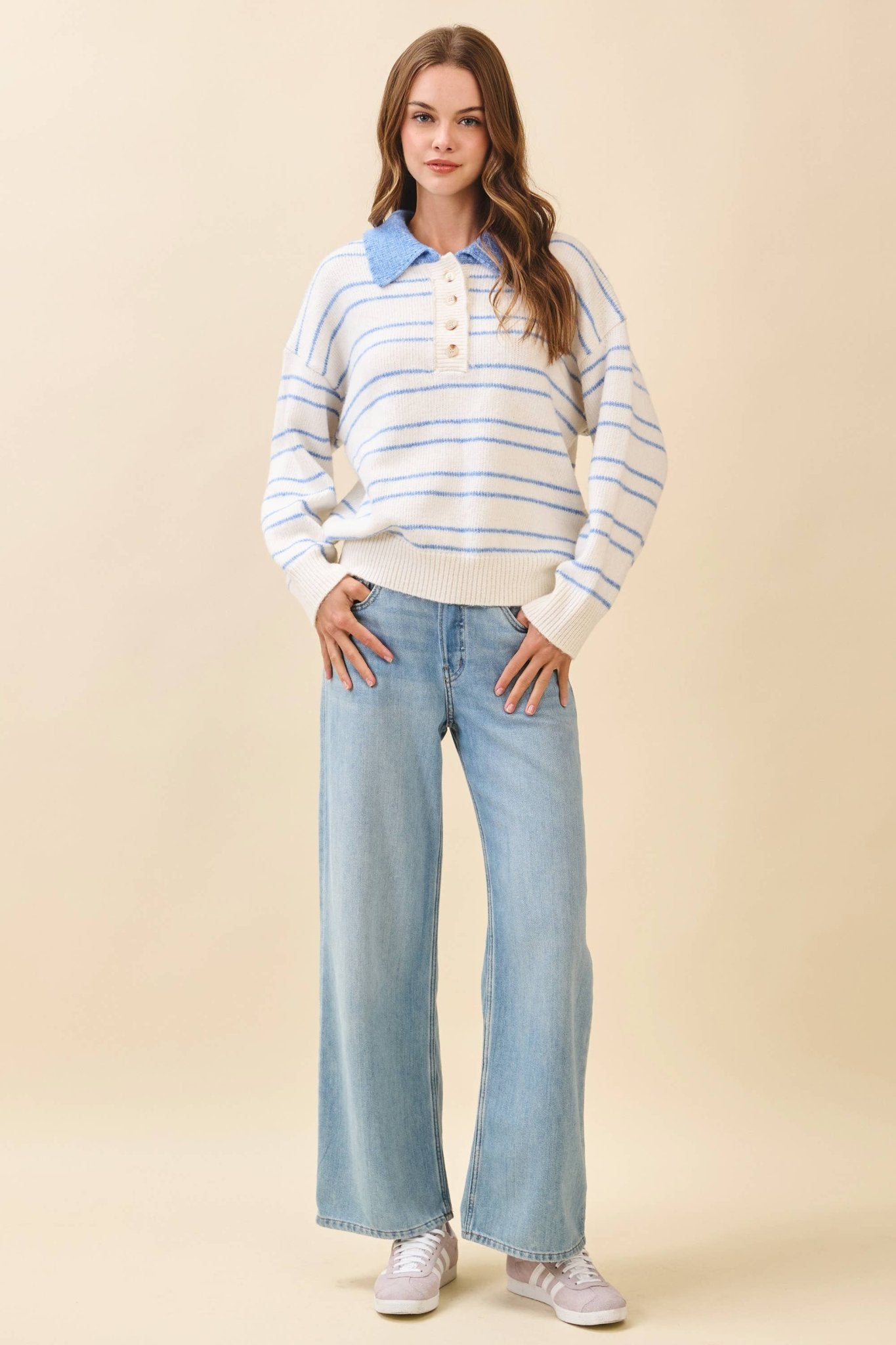 White Striped Knit Drop Shoulder Ribbed Trim Pullover - Purpose + Passion Boutique