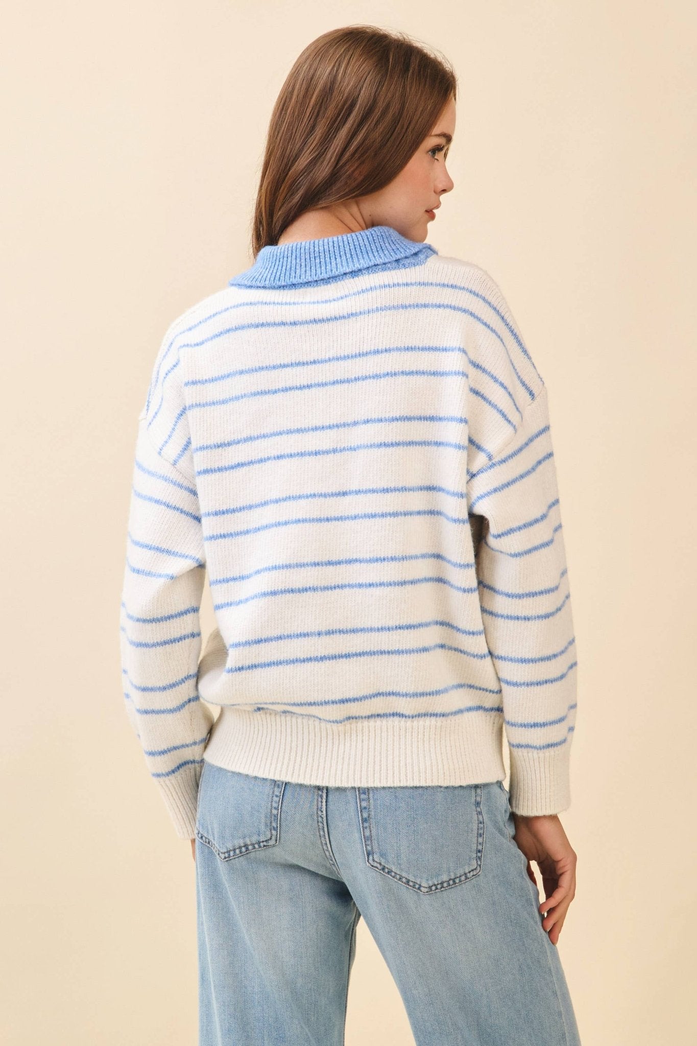 White Striped Knit Drop Shoulder Ribbed Trim Pullover - Purpose + Passion Boutique