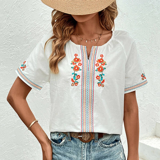 White V - neck Embroidered Shirt - Purpose + Passion Boutique
