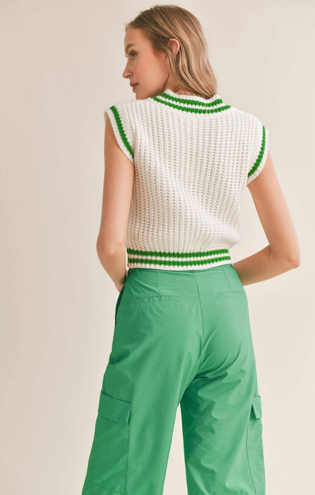 White/Green Club Perks V Neck Sweater - Purpose + Passion Boutique