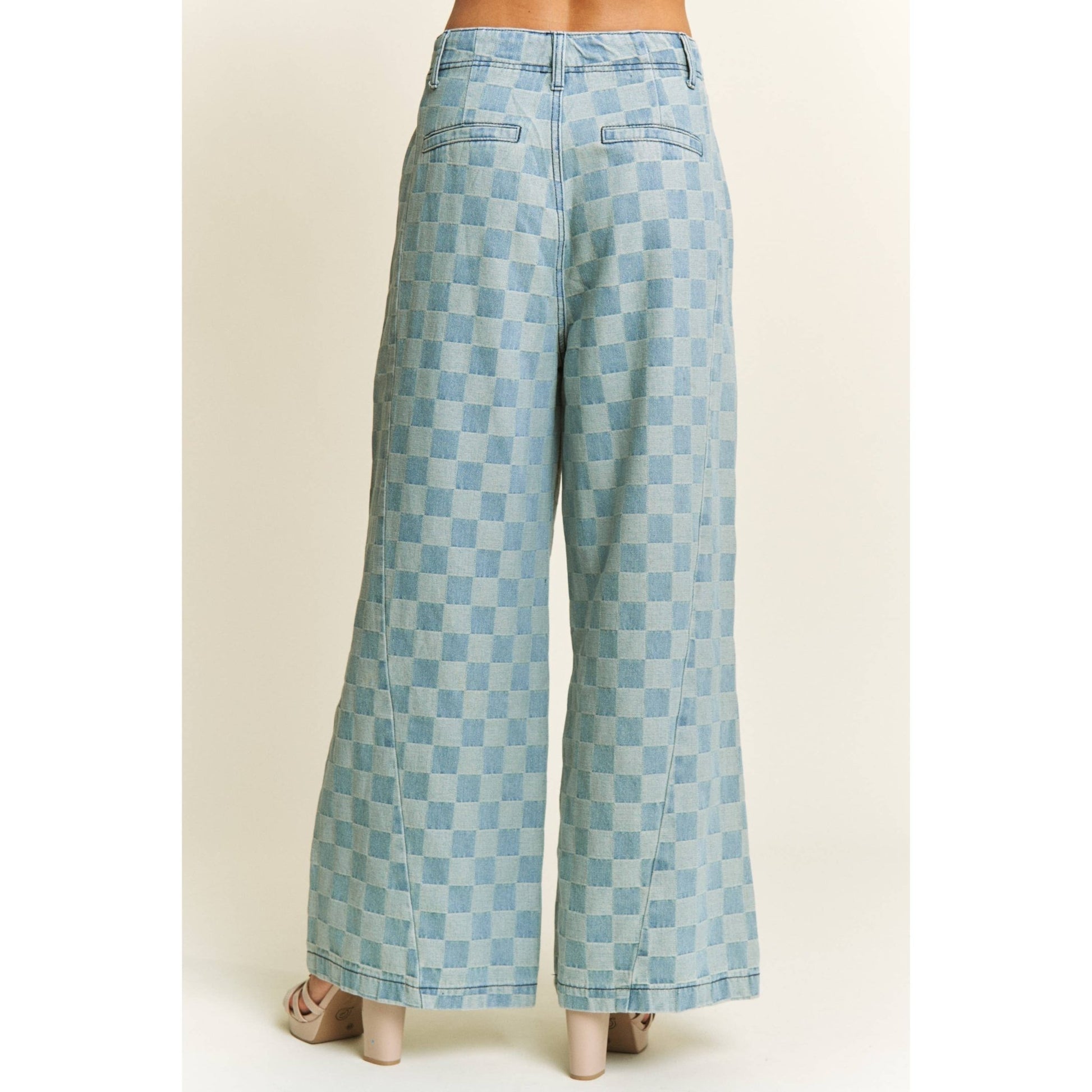 Wide Leg Checkered Medium Denim Washed Pants - Purpose + Passion Boutique