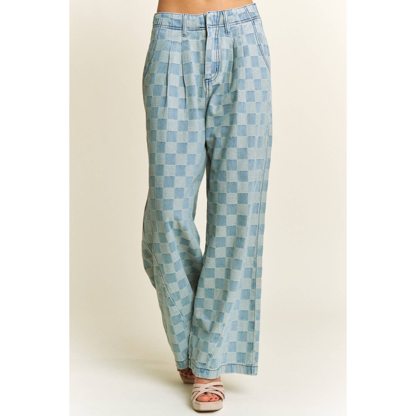 Wide Leg Checkered Medium Denim Washed Pants - Purpose + Passion Boutique
