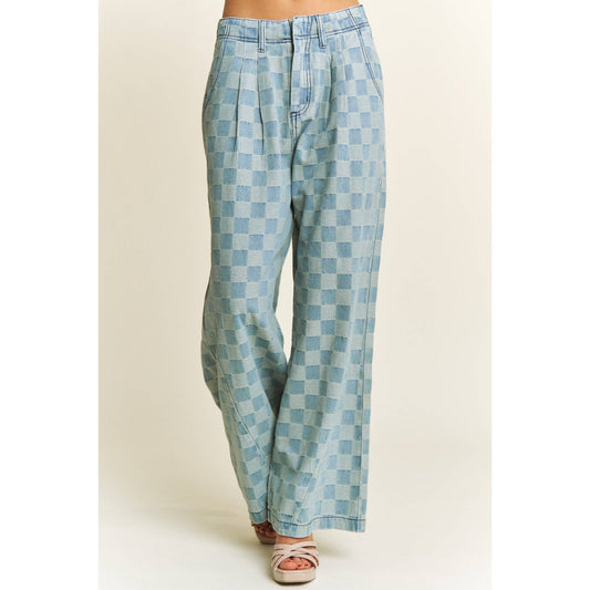 Wide Leg Checkered Medium Denim Washed Pants - Purpose + Passion Boutique