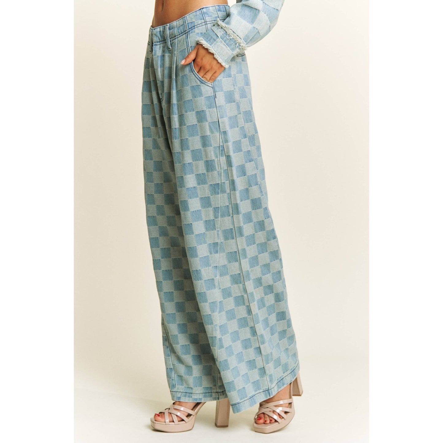 Wide Leg Checkered Medium Denim Washed Pants - Purpose + Passion Boutique