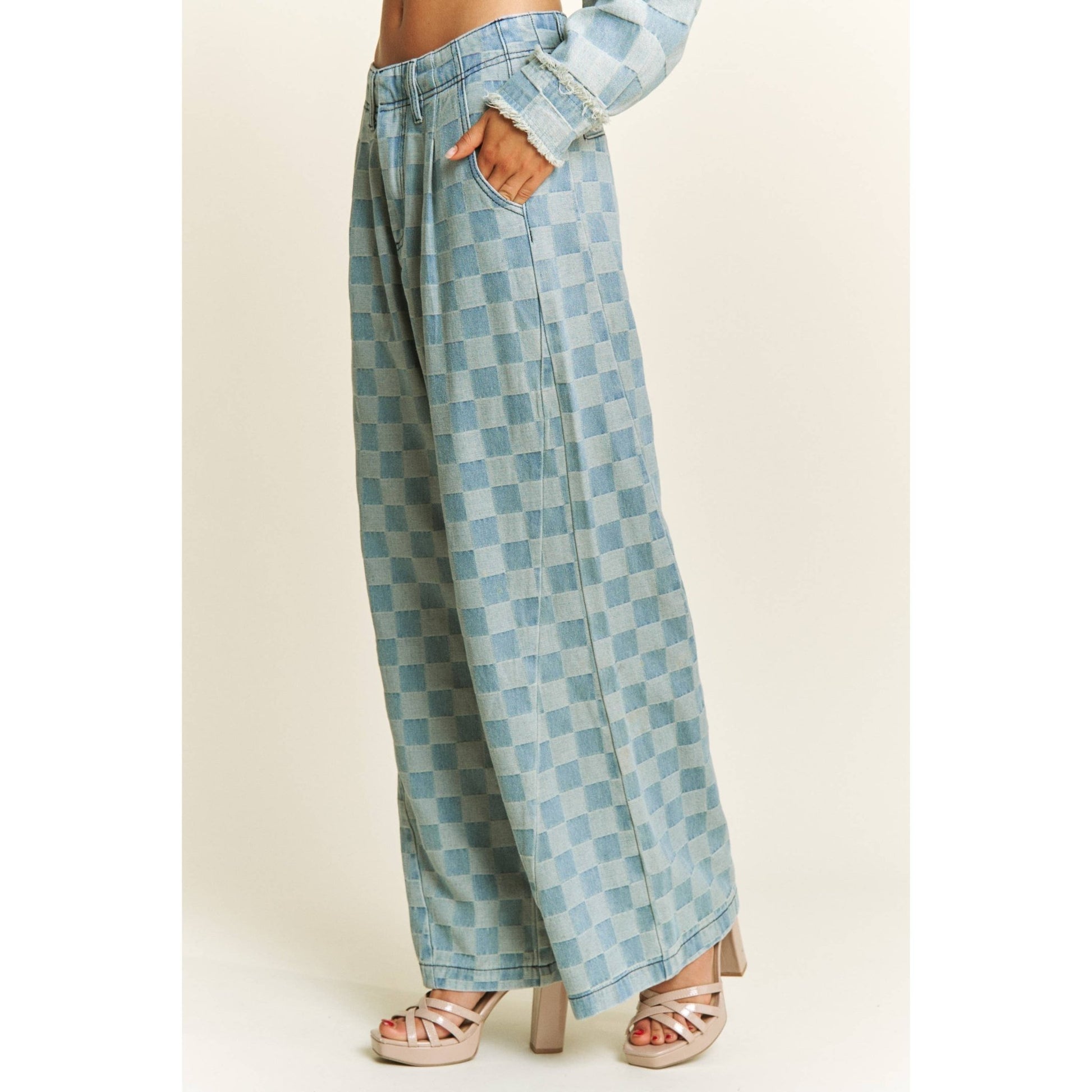 Wide Leg Checkered Medium Denim Washed Pants - Purpose + Passion Boutique