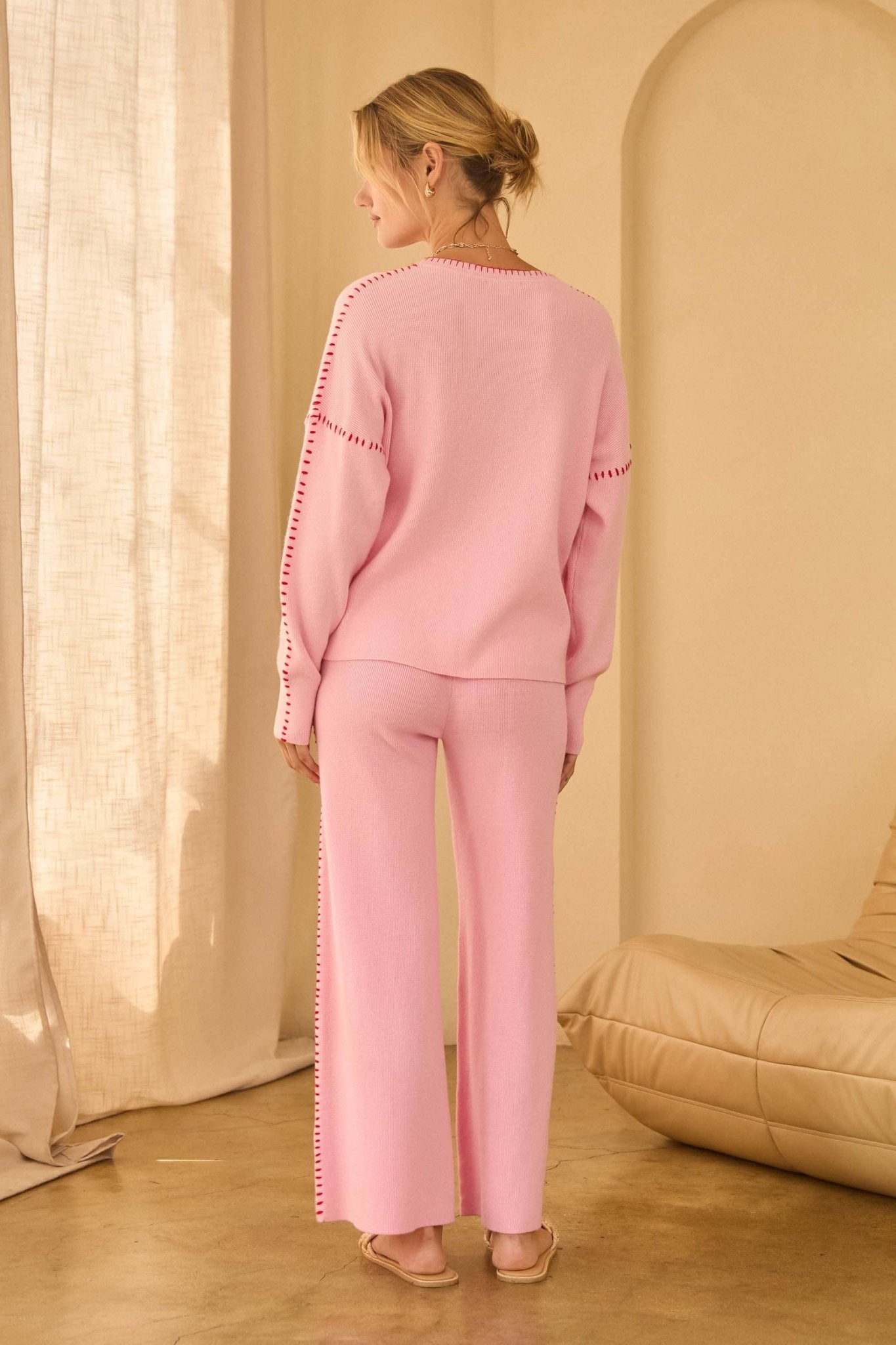 Wide Leg Pink Red Knit Pants with Blanket Stitch - Purpose + Passion Boutique