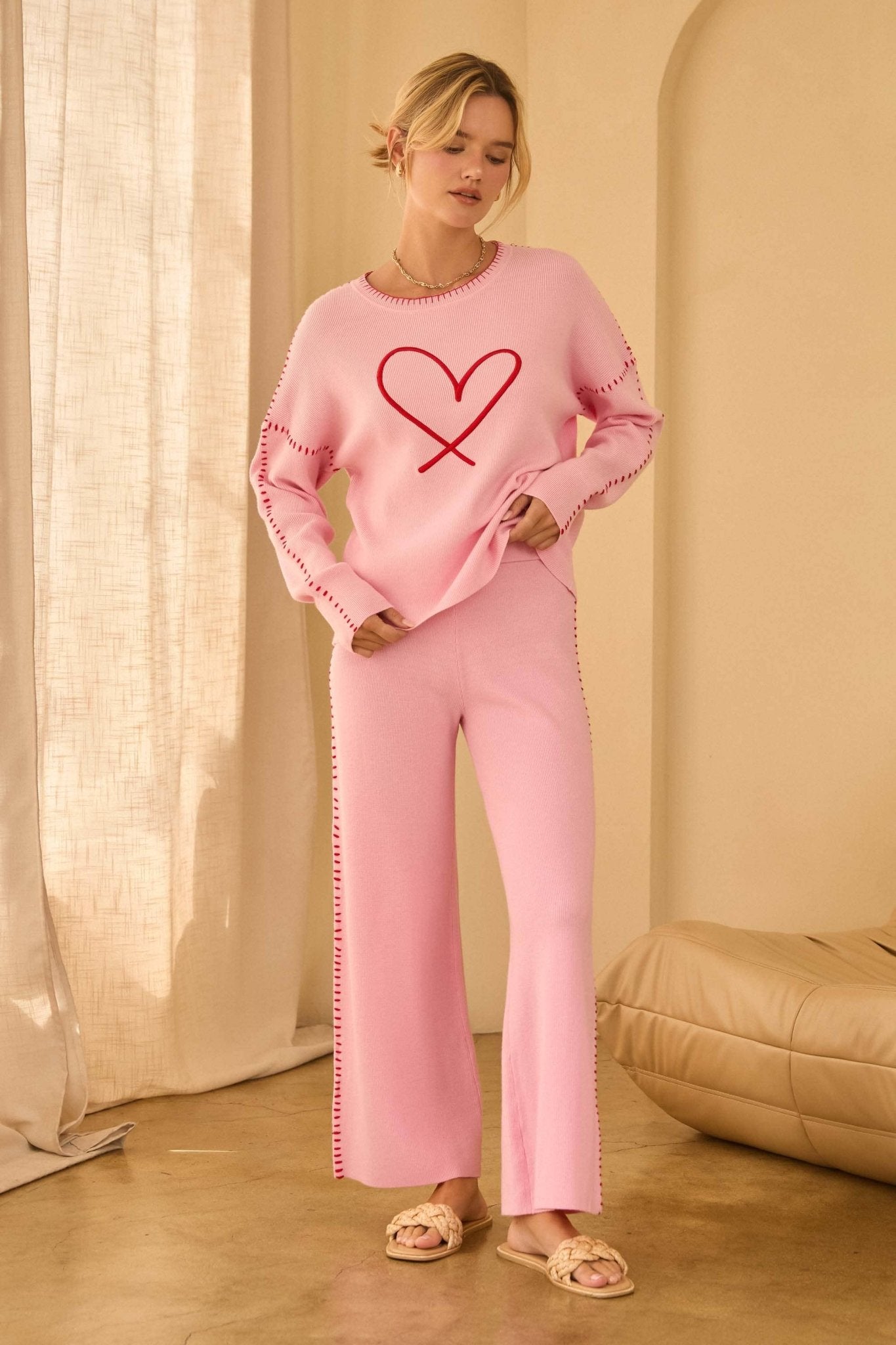 Wide Leg Pink Red Knit Pants with Blanket Stitch - Purpose + Passion Boutique