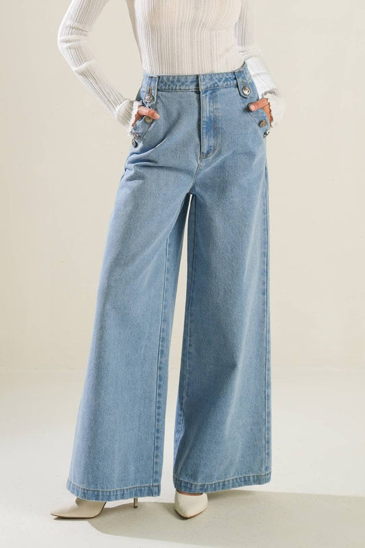 Wide Leg Washed Denim Blue Pants - Purpose + Passion Boutique