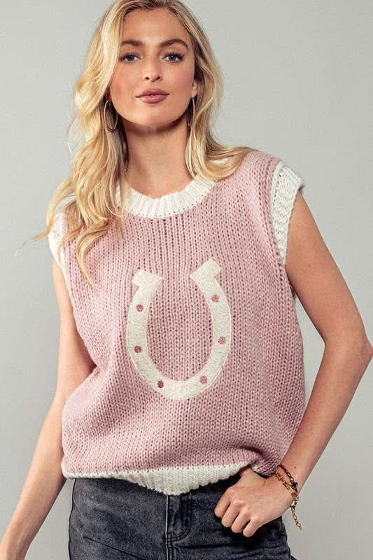 Wild Woven Pink Horseshoe Sweater Vest - Purpose + Passion Boutique