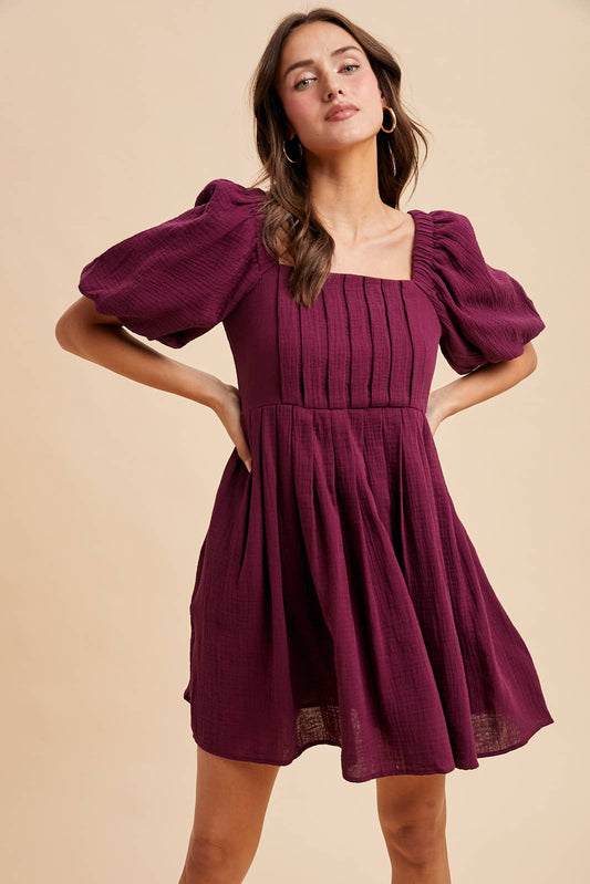 Winter Plum Cotton Box Pleat Mini Dress - Purpose + Passion Boutique