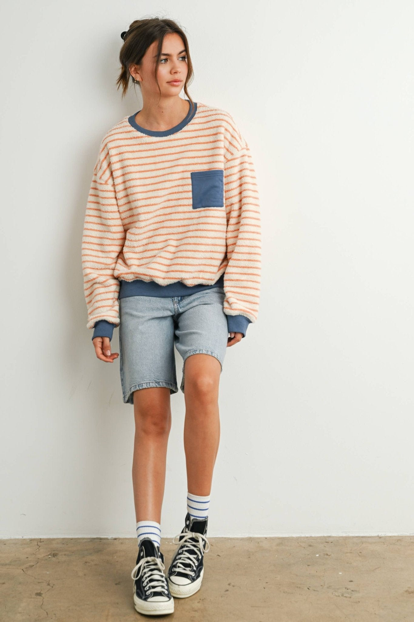 Yellow / Blue Striped Oversized Crewneck Long Sleeve Sweater - Purpose + Passion Boutique