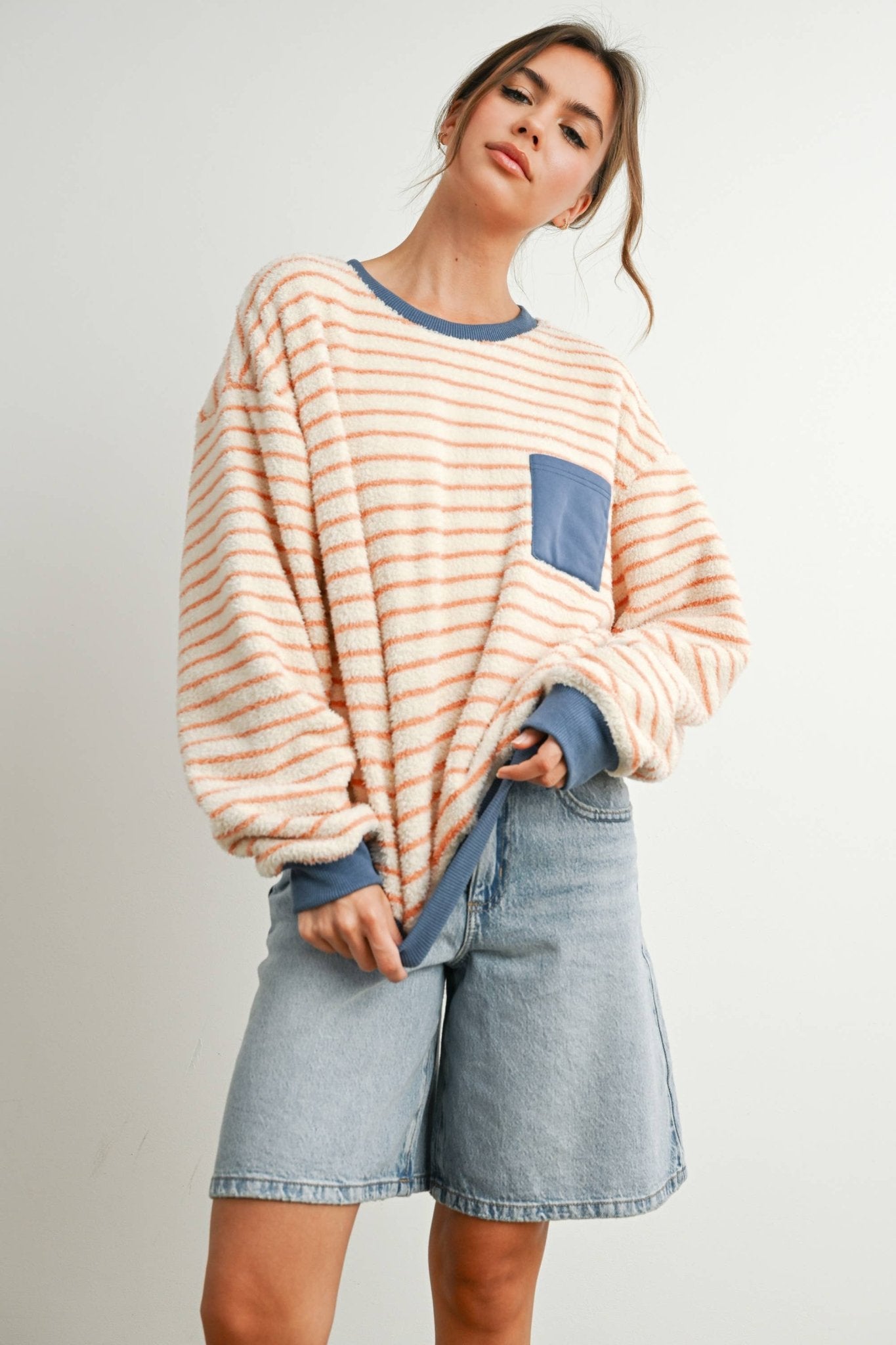 Yellow / Blue Striped Oversized Crewneck Long Sleeve Sweater - Purpose + Passion Boutique