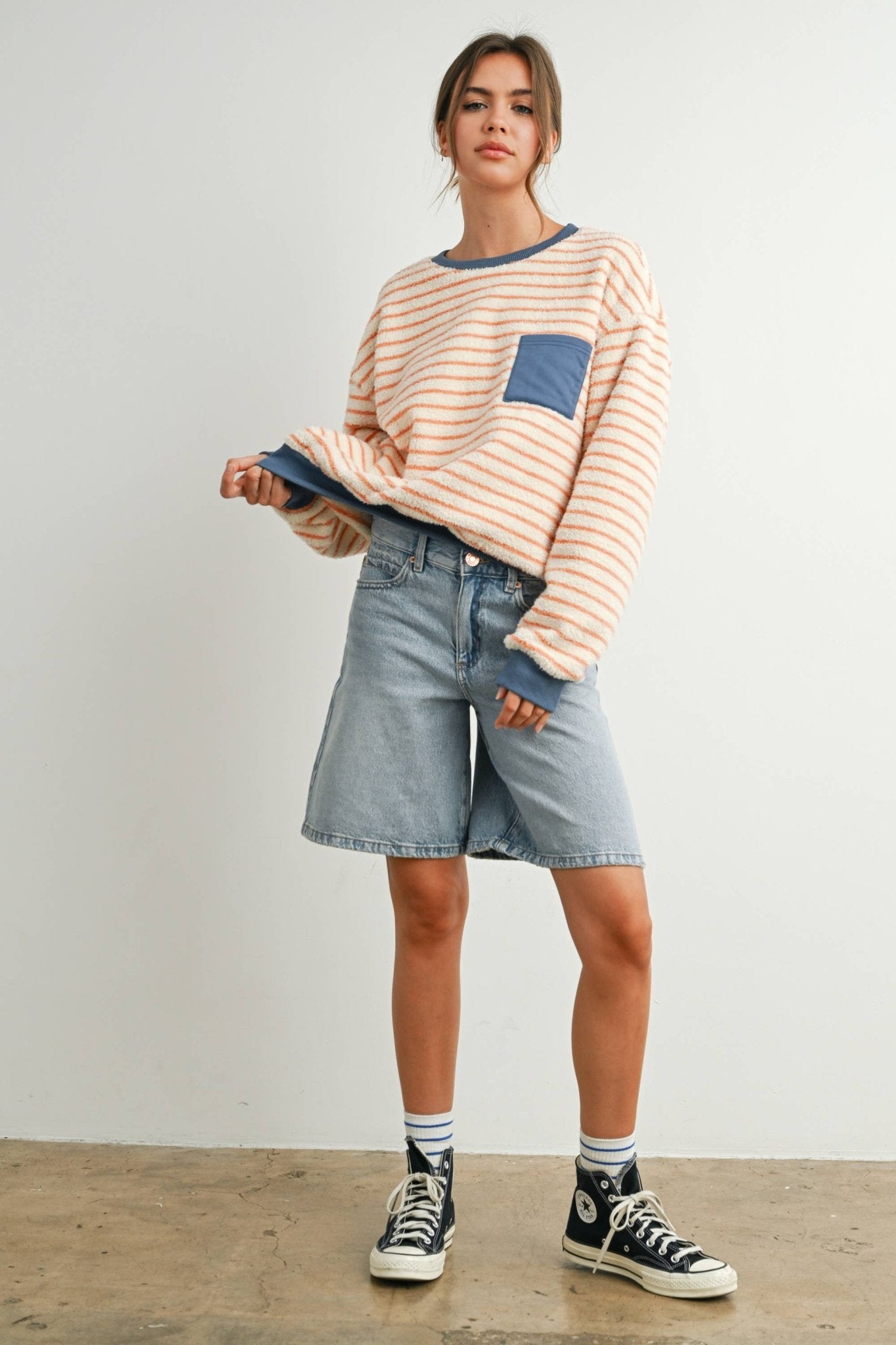 Yellow / Blue Striped Oversized Crewneck Long Sleeve Sweater - Purpose + Passion Boutique