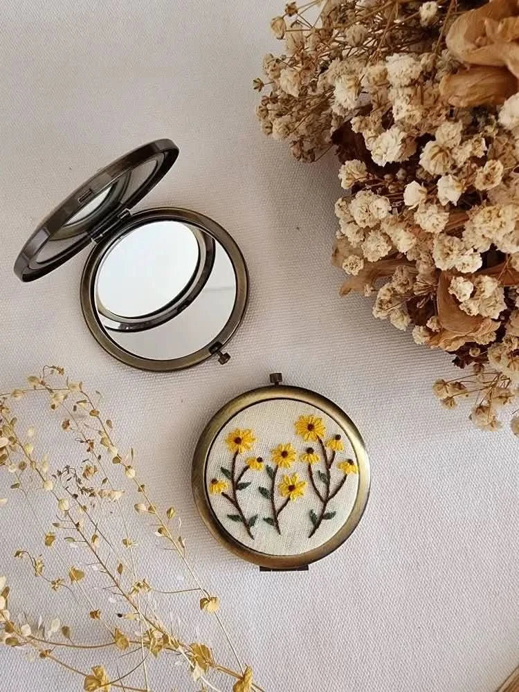 Yellow Daisies Floral Embroidered Compact Mirror - Purpose + Passion Boutique