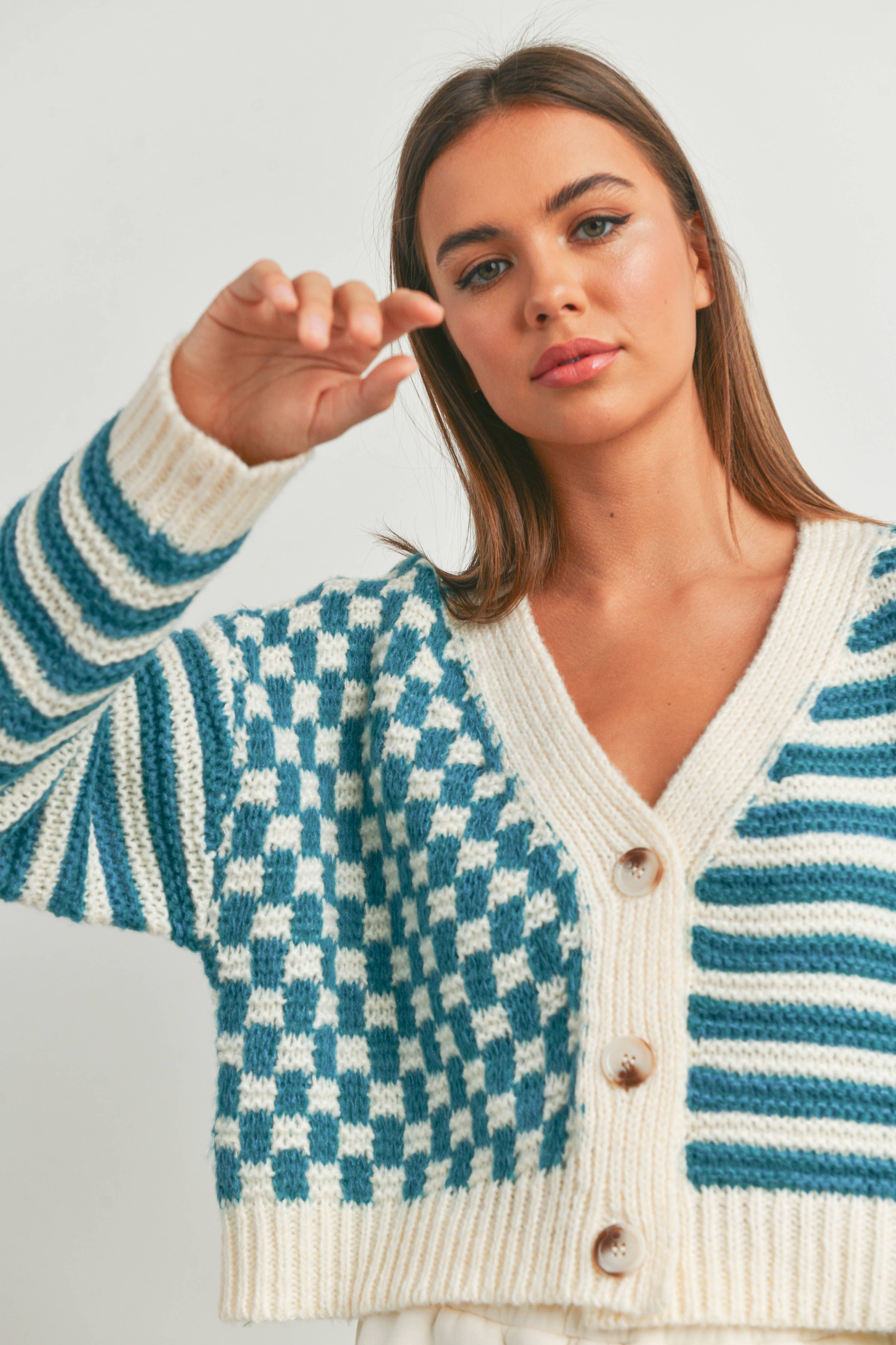 Oversized Teal + Cream Checkered Striped Cardigan – Purpose
