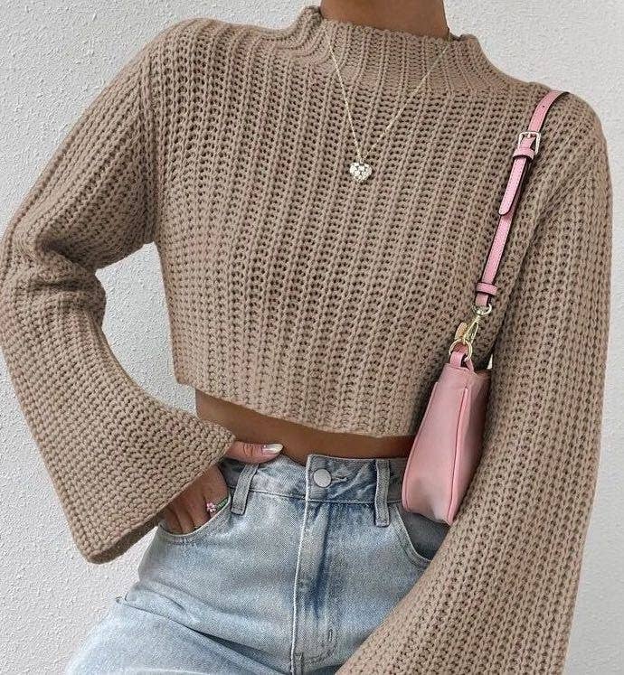 Taupe Knit Mock Neck Cropped Sweater