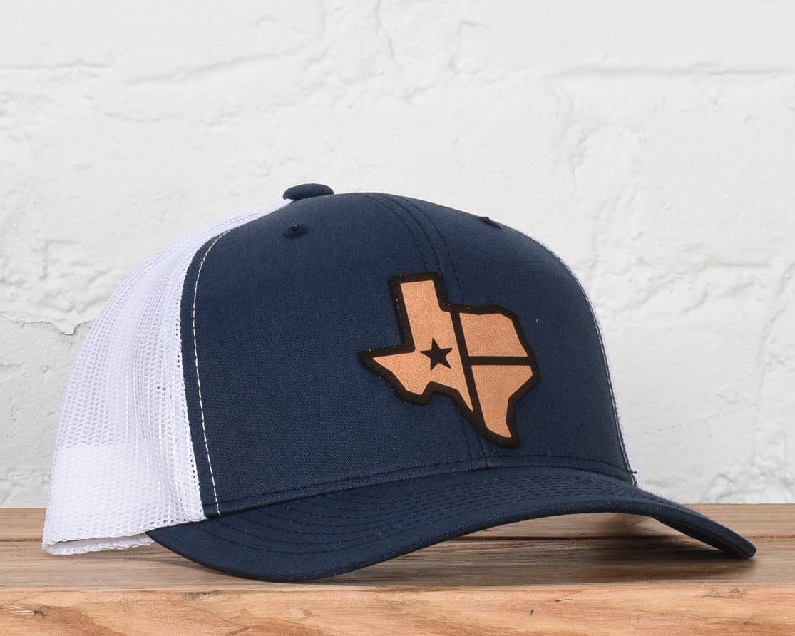 Texas State PU Leather Patch Snapback Hat: Navy/White