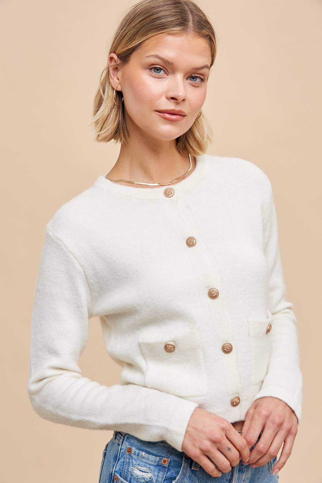 Creme Round Neck Cardigan with Baroque Buttons