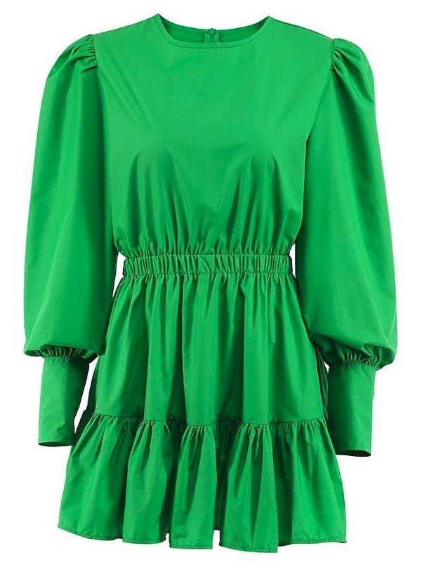 Green Round Neck Lantern Sleeve Dress