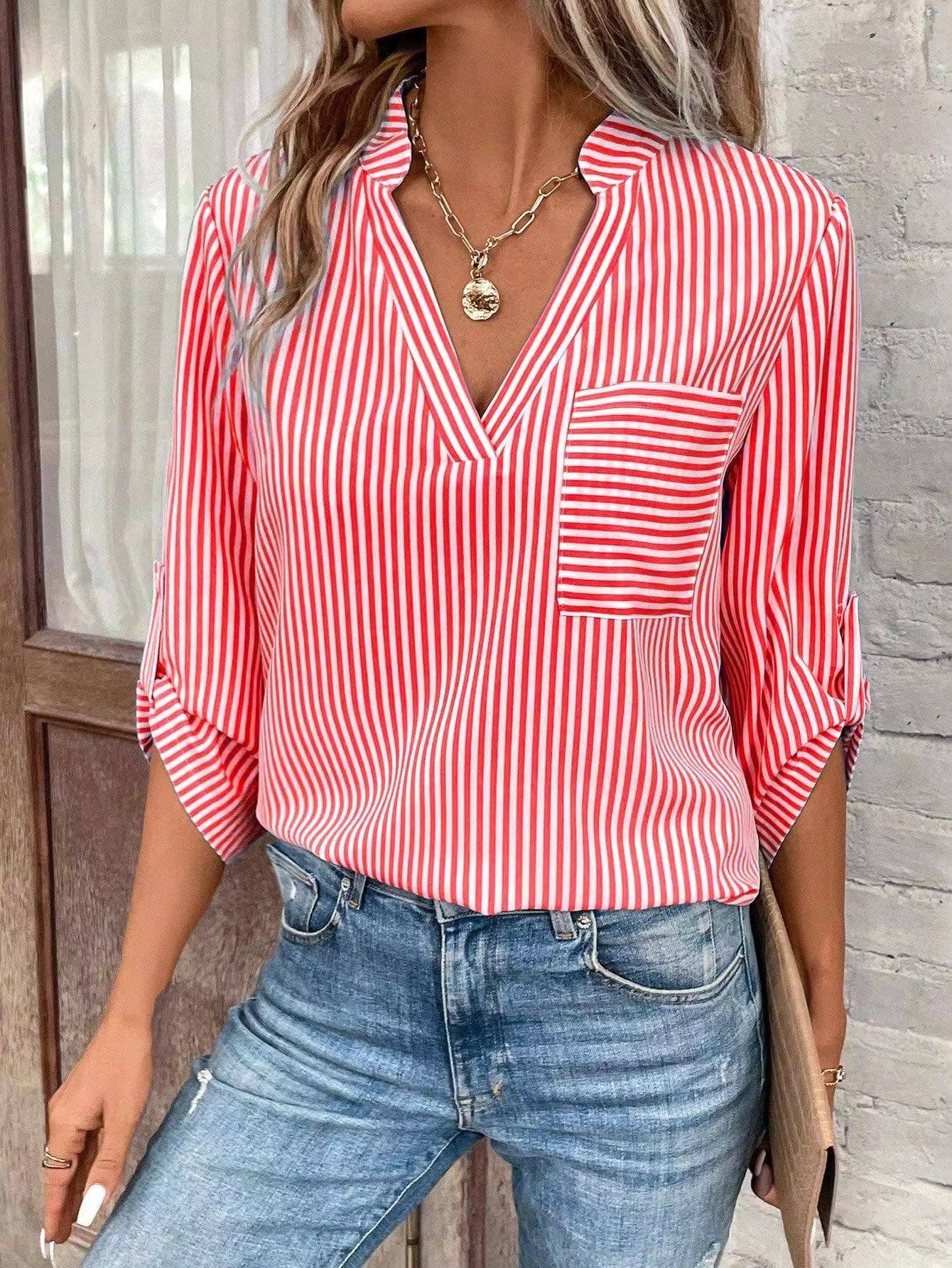 Striped Red 3/4 Sleeve Blouse